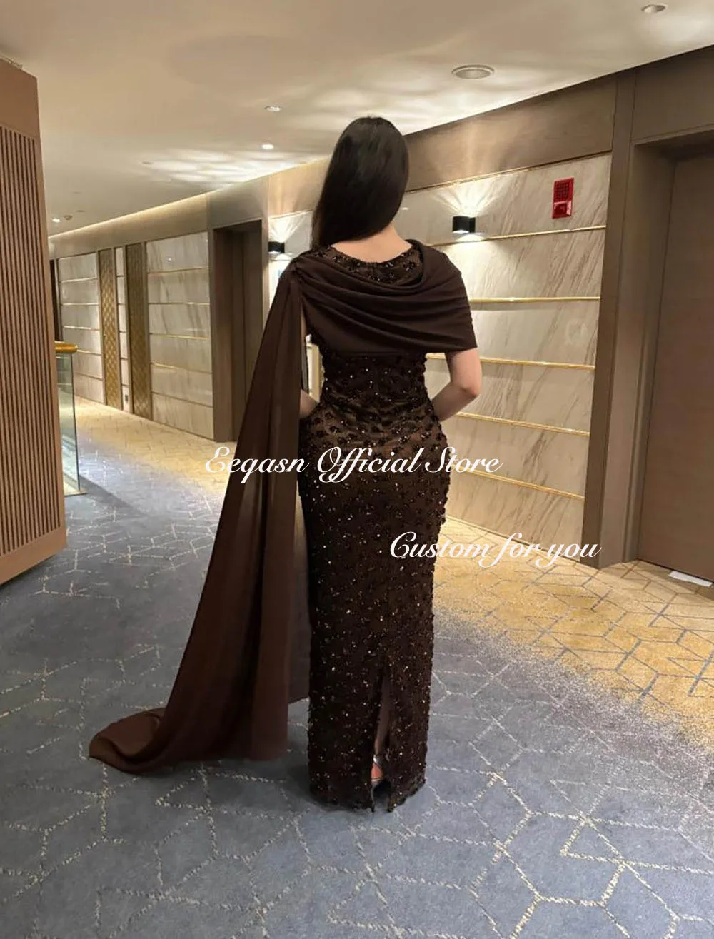 Eeqasn Brown Party Dresses Prom Dress robes de soirée Navy Blue Sequin Mermaid Cape Maxi Gown for Formal Evening Customized image 4