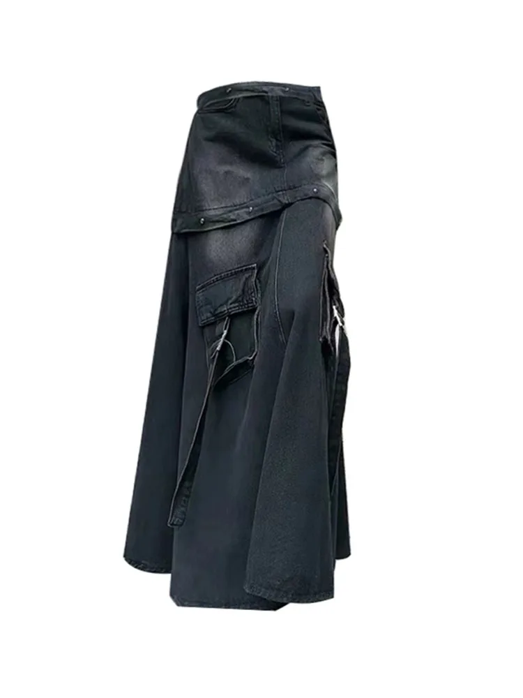 High Quality Black Denim Skirt Thin Office Lady Vintage Fashion Pockets Autumn Winter High Waist A-Line Skirt New Design Gothic