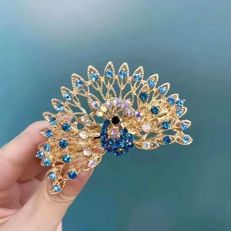 مشبك شعر بتصميم طاووس للنساء ، دبوس شعر عتيق ، ديكور بحجر الراين ، غطاء رأس أنيق ، مشبك شعر ، 1 فضفاض