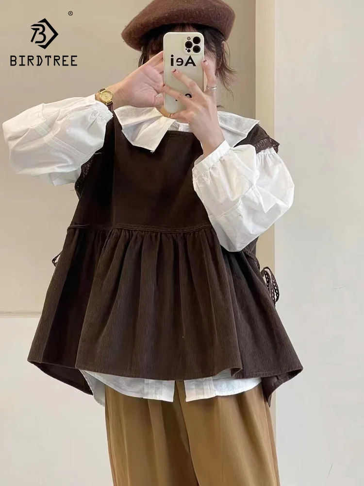 

Новый весенний вельветовый жилет 2026, женский кружевной лоскутный жилет без рукавов с круглым вырезом, свободная майка Mori Girl в винтажном консервативном стиле T61249CC