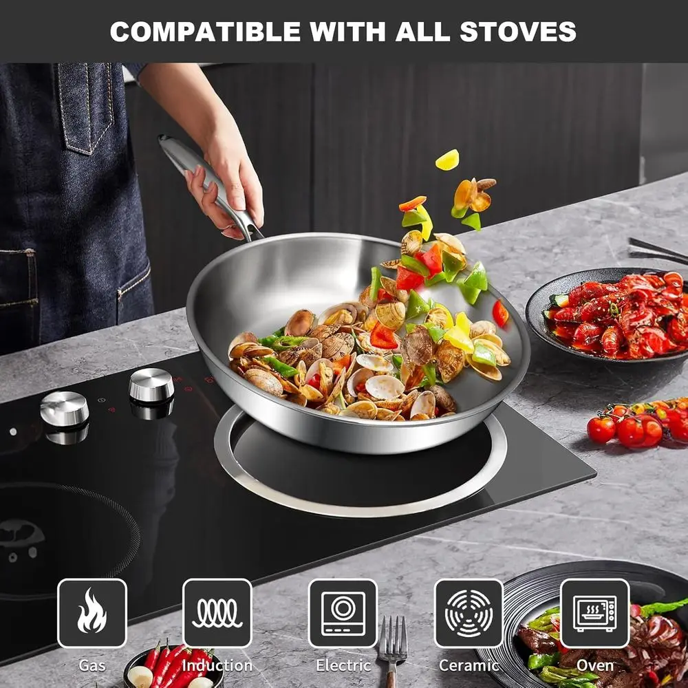 Stainless Steel Fry Pan Set, 8-12 Inch, Non-Stick, Induction Compatible, Oven and Dishwasher Safe, Even Heat Distribution