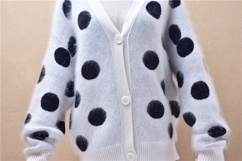 Ladies Women Autumn Winter Fashion White Dot Hairy Angora Rabbit Hair V-Neck Long Sleeves Loose Cardigans Sweater Jacket Coat view 4