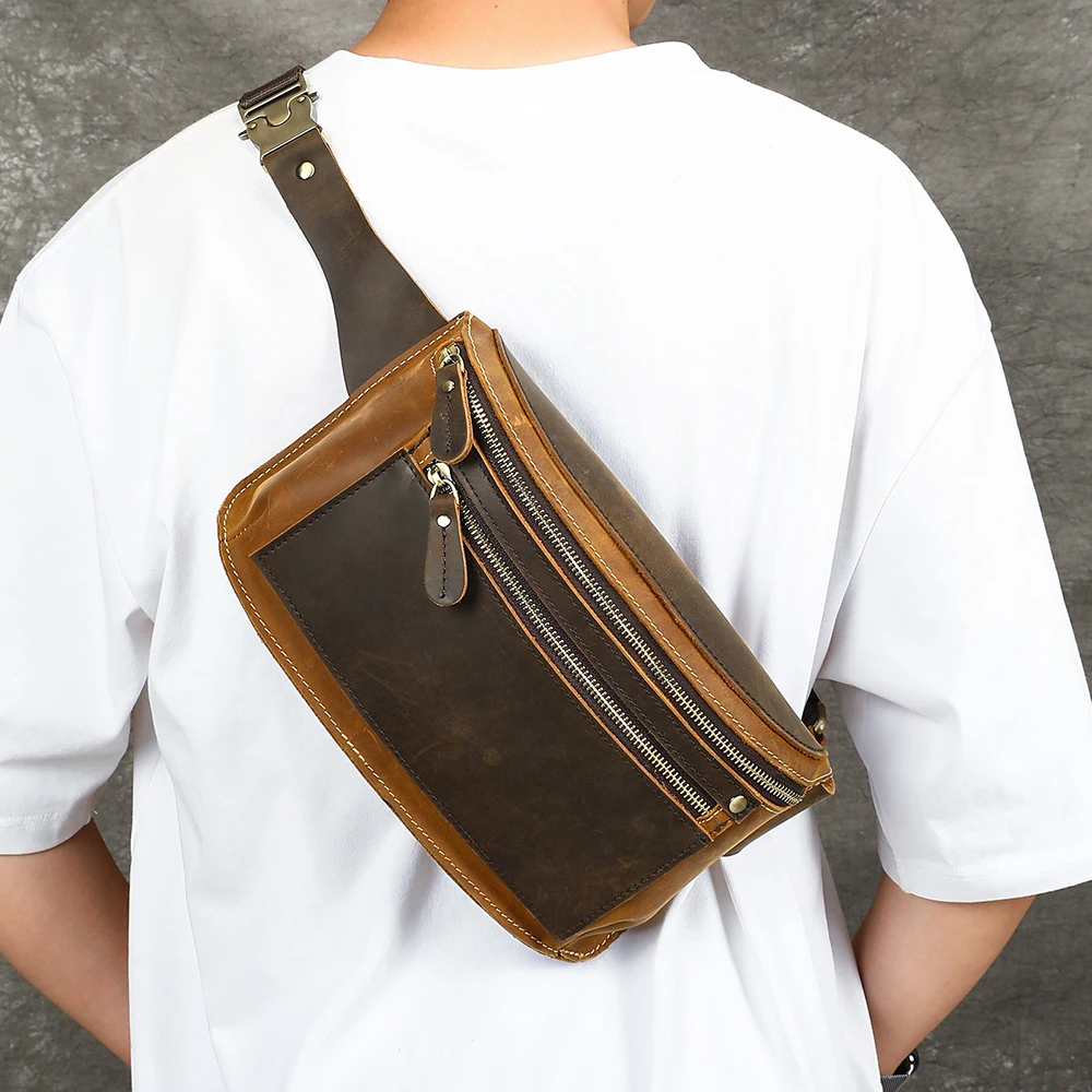 Genuine leather crossbody bag, adjustable shoulder strap, multi-layer zipper storage, recommended portable bag for men