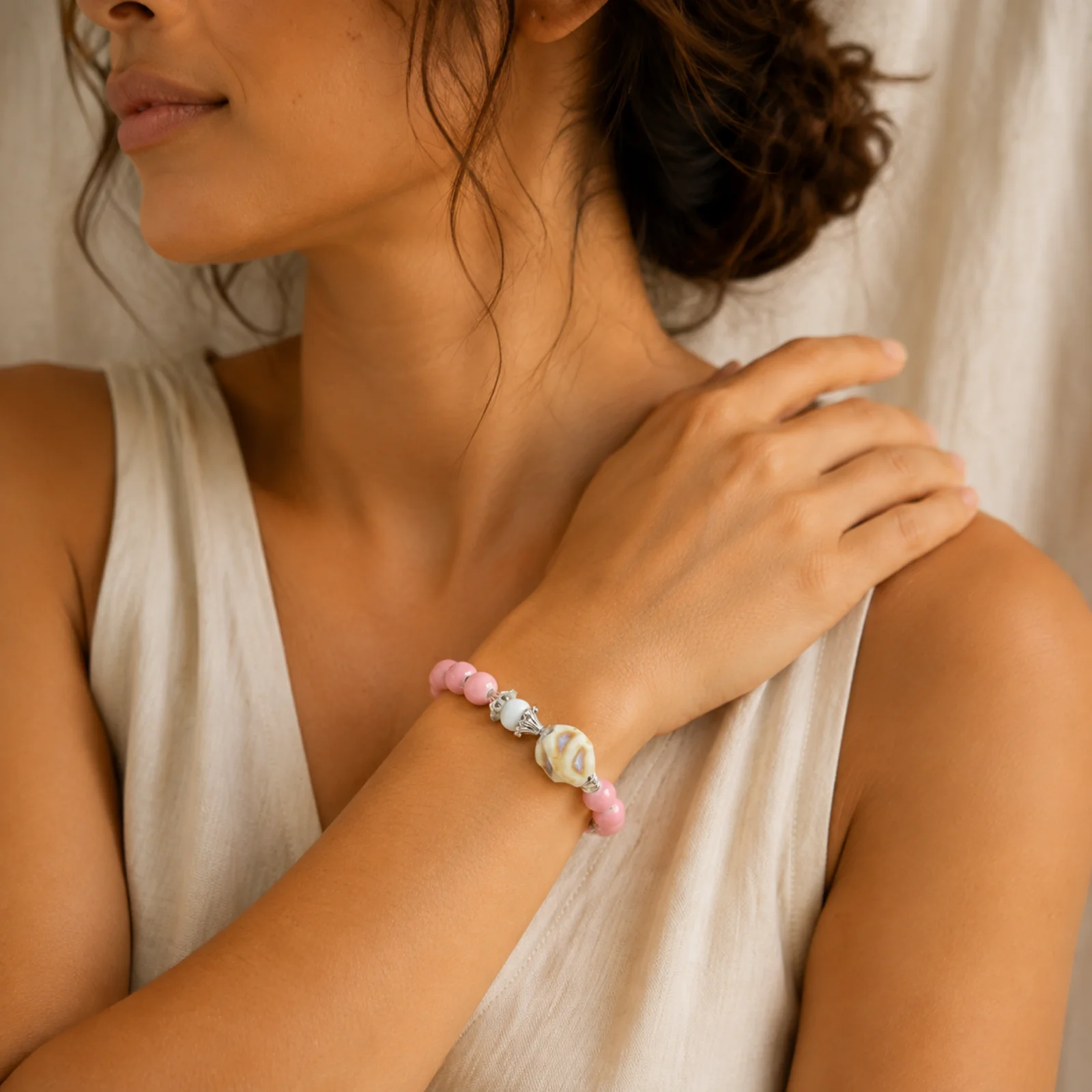 Handmade Ceramic Bead Bracelet Pink Koi Walnut Bead Alloy Fish Tail Charm Braided Elastic Cord Jewelry 609P1-12
