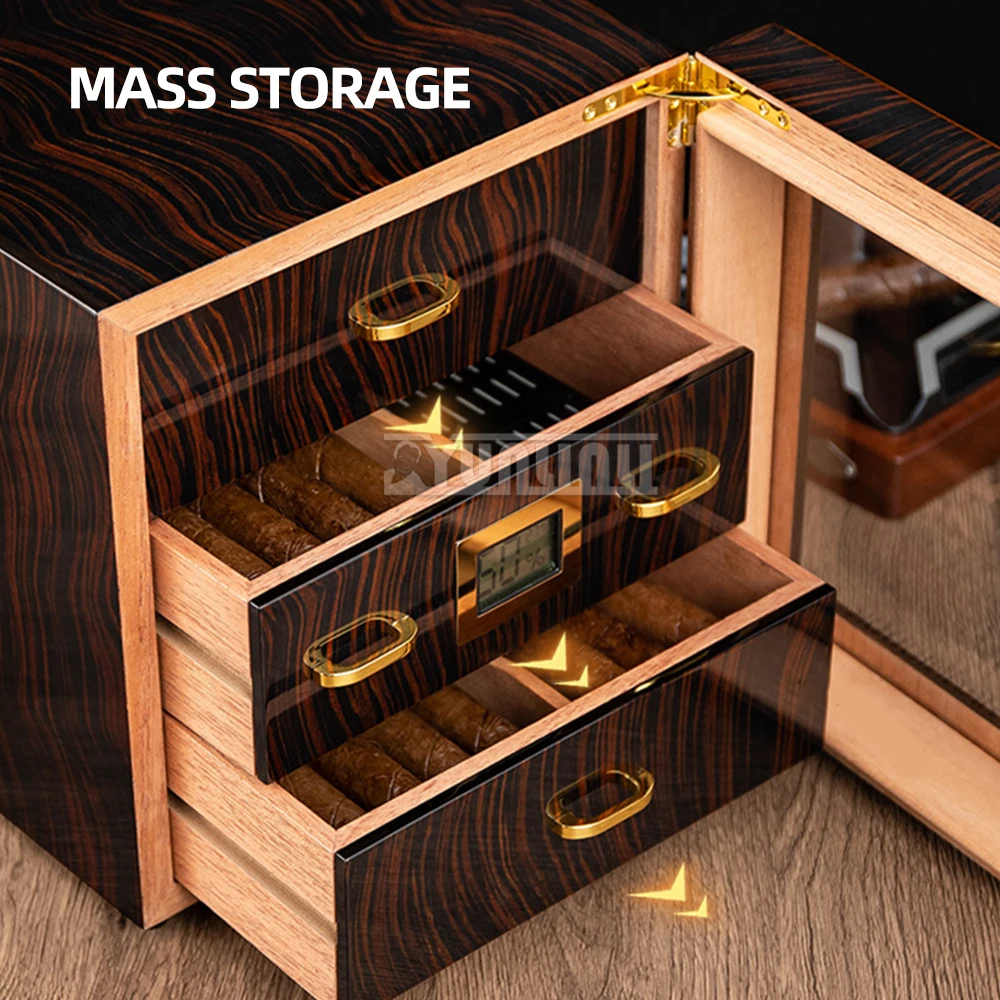 Cigar Moisturizing Cabinet Sandalwood Ripple 3 Layer Perspective Window Snowy Pine Cigar Cabinet Large Capacity Moisturizing Box