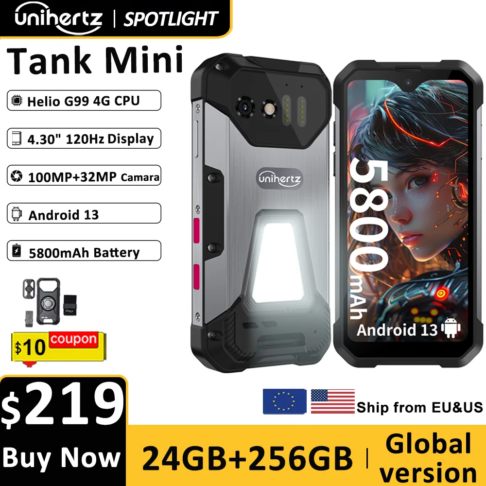 

Unihertz 8849 Tank Mini Прочный смартфон с 4,3-дюймовым дисплеем Android 13 5800 мАч 24 ГБ 256 ГБ Helio G99 Восьмиядерные камеры 100 МП IP68