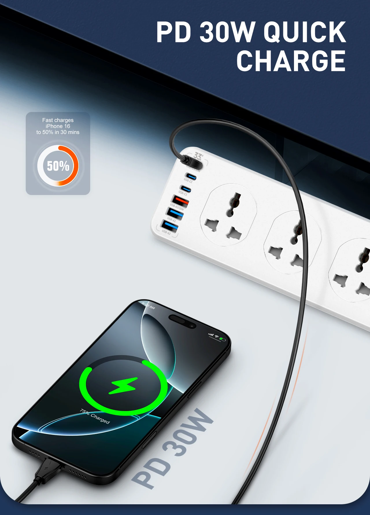 LDNIO 10 AC Outlets Power Strip Electrical Sockets with 33W USB C Charging Ports 2M Extension Cord Surge Protector UK US EU Plug