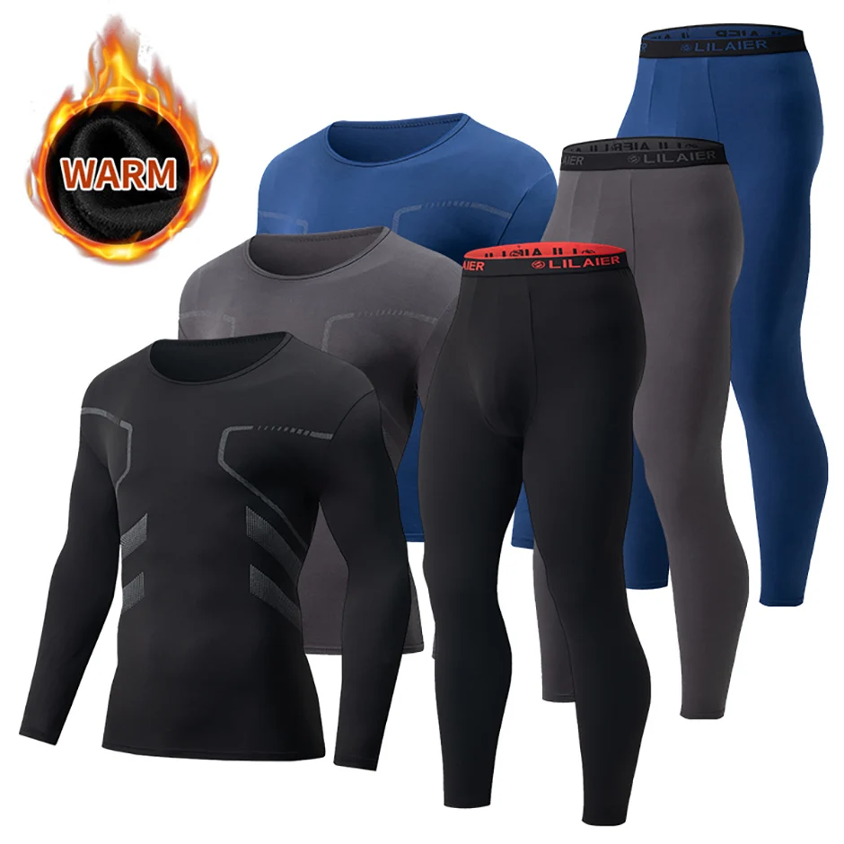 2/3-قطعة مجموعة من الخريف/الشتاء الرجال المطبوعة ملابس اخلية حرارية الرياضة واللياقة البدنية الجولة الرقبة طويلة الأكمام تي شيرت قاعدة قميص