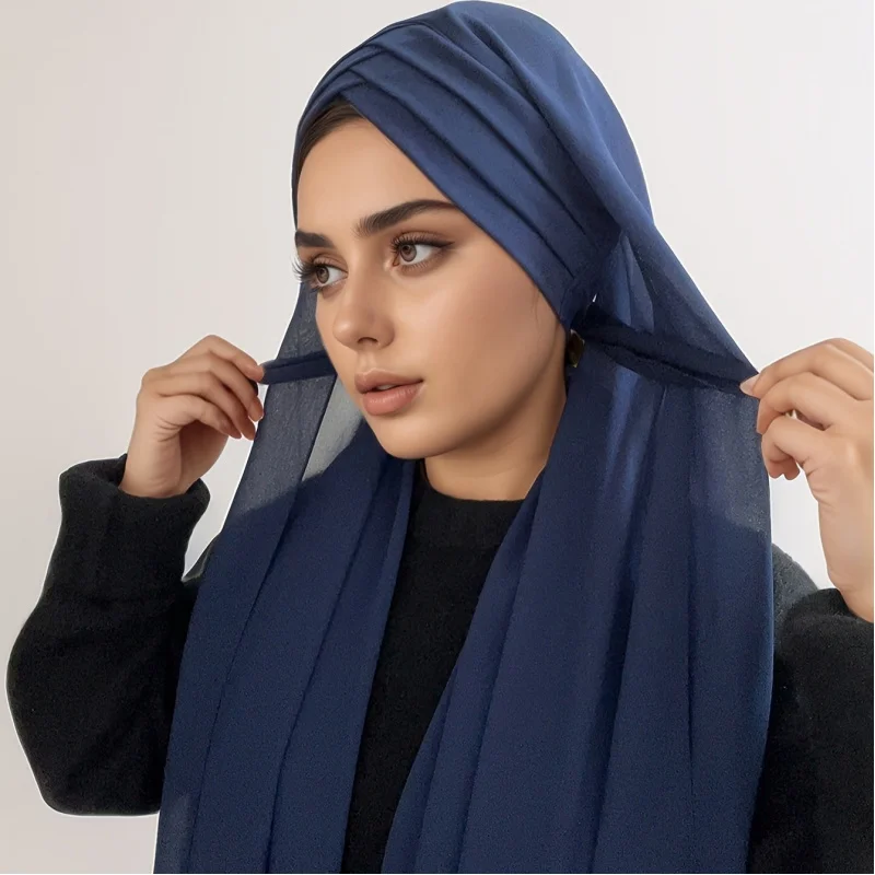 Solid Color Women'S Soft Turban Cross-Style Decorative Muslim Headscarf Hijab Scarf with Tie for Ramadan Festive Celebration