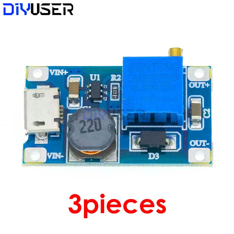 DIYUSER 3pcs MT3608 DC-DC Verstelbare Boost Converter Module 28V 2A Step-Up Voeding Hoge Efficiëntie voor Arduino DIY Projecten