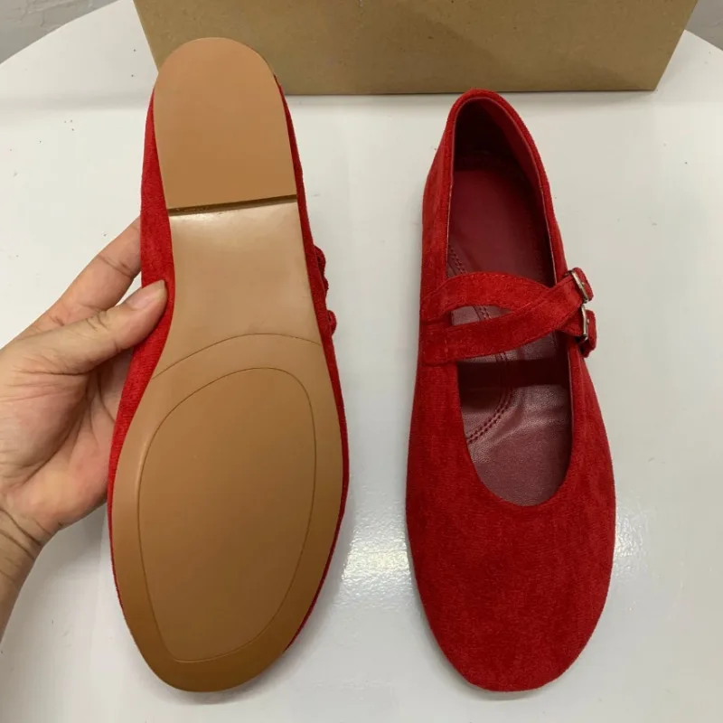 2025 Spring New Women\'s Ballet Flats Retro Red Double Belt Buckle Decoration Casual High Quality Big Size Lady Mary Jane Shoes