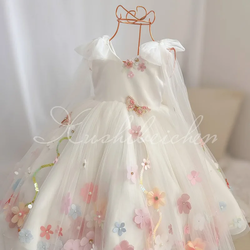 European Style First Birthday Dress for Baby Girl Satin Tulle Princess Dress Junior Bridesmaids Pageant Formal Ball Gown Bowknot