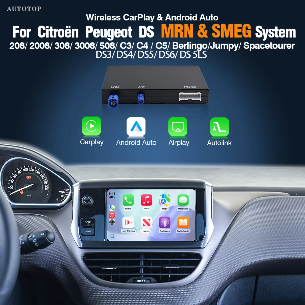 Module CarPlay et Android Auto sans fil AUTOTOP pour Peugeot Citroën SMEG 208 308 508 C3 C4 C5 Ds 3 4 5 6, prend en charge la caméra de recul