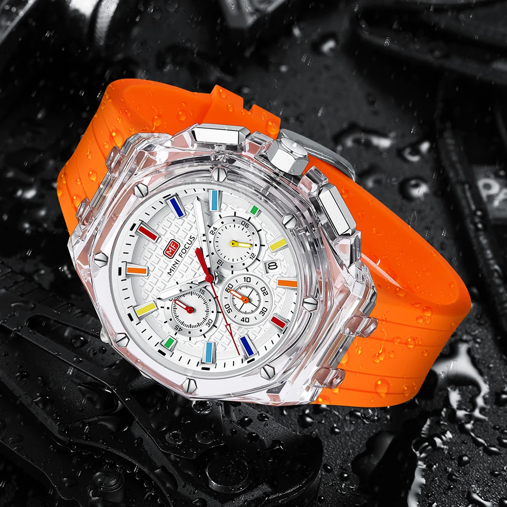 MINI FOCUS Fashion Multifunctional Quartz Watch for Men Calendar 24 Hours Display Candy Silicone Strap Luxury Mens Watches 0616G