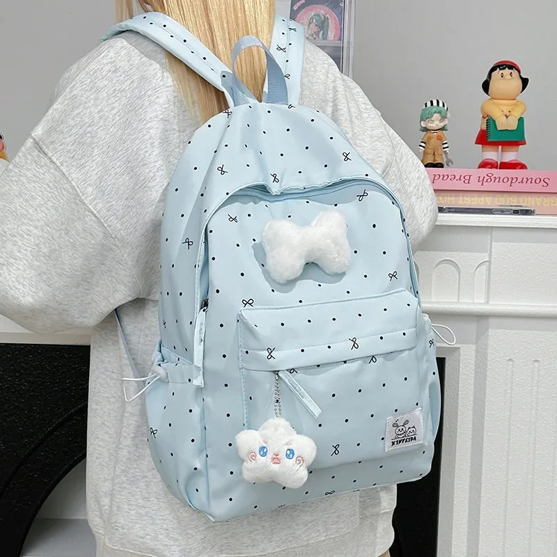 Middle School Student Backpack  Knot Dual Shoulder Bag for Girls Student Bag Polka Dot Atmosphere Female Backpack