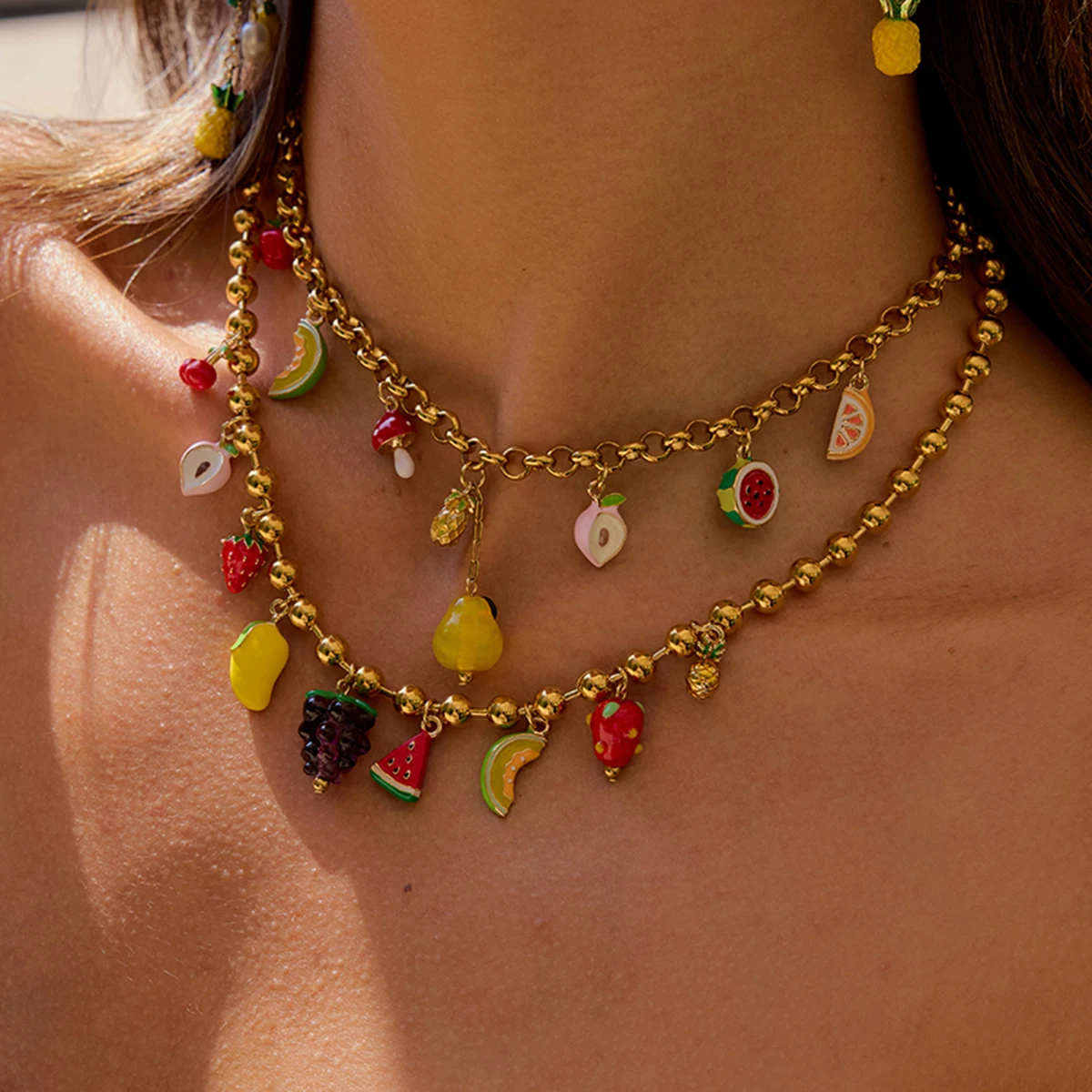 Zora lindo diario mujer gota de aceite uva melocotón fruta colgante collar 18K chapado en oro acero inoxidable joyería impermeable