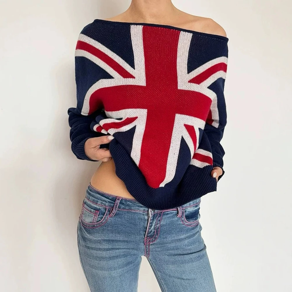 Autumn and Winter Retro Rice Flag Spicy Girl Off Shoulder Loose Lazy National Flag Contrast Knitted Women's One Shoulder Sweater