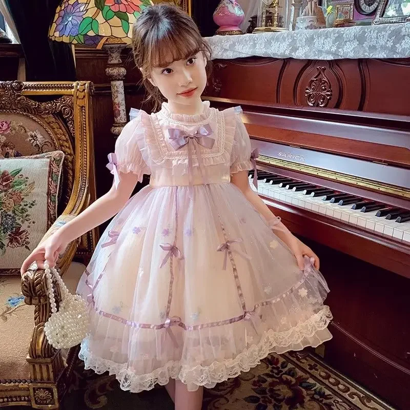 

Birthday Holiday Party Children Eid Clothes Baby Girls Summer Sweet Lolita Lace Floral Princess Ball Gown Purple Bow Gauze Dress