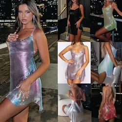 Backless Party Dresses Mini Glitter Women's Dress Summer Sleeveless Sexy Dress Night Club Outfits Straps Dress Female Purple