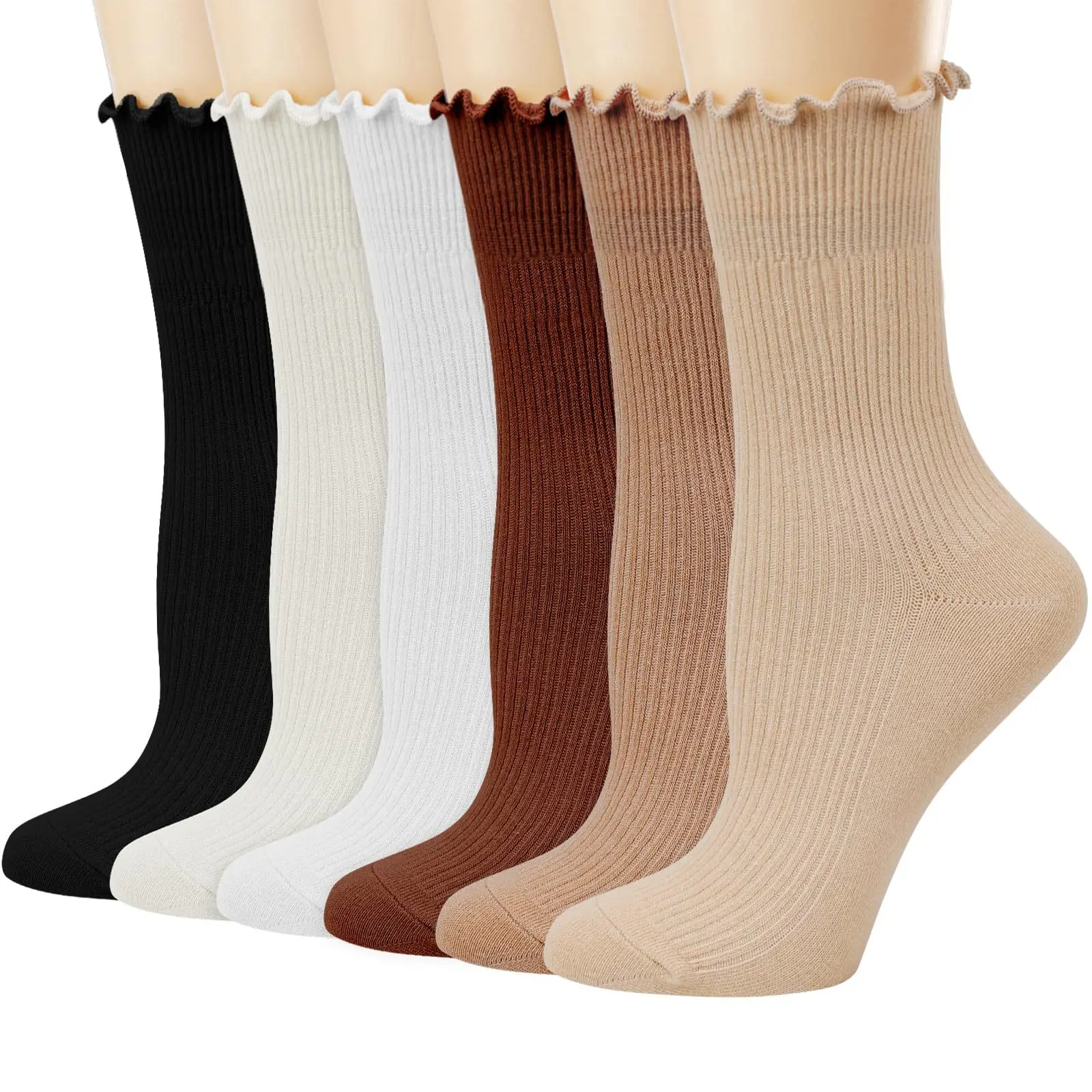 6 Paar Rüschensocken für Damen, Baumwolle, einfarbig, mittellange Socken, niedliche, kawaii, koreanische, atmungsaktive, schwarz-weiße kurze Strümpfe – Detail 1