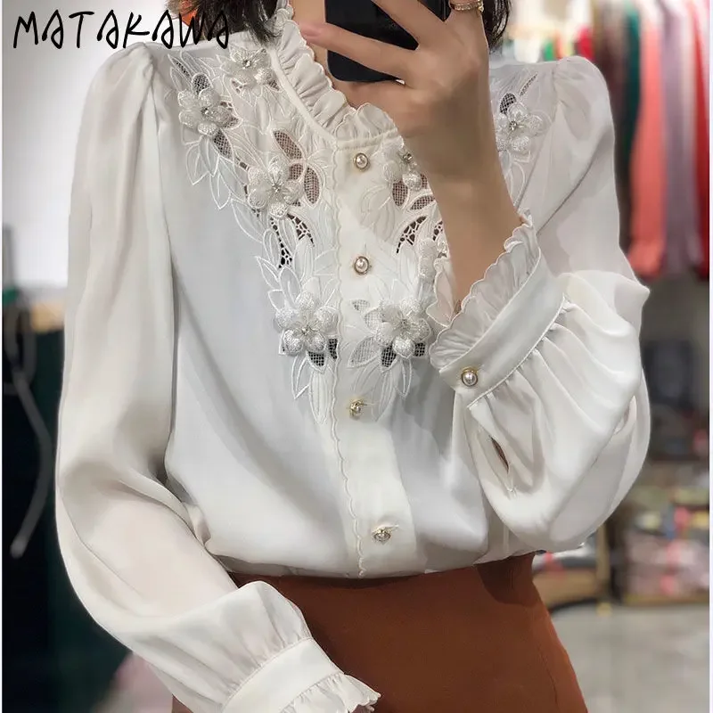 

Рубашка и блузка Matakawa с бисером, женские топы, весна-осень, корейская мода, элегантные женские блузы, простые шикарные рубашки с цветами
