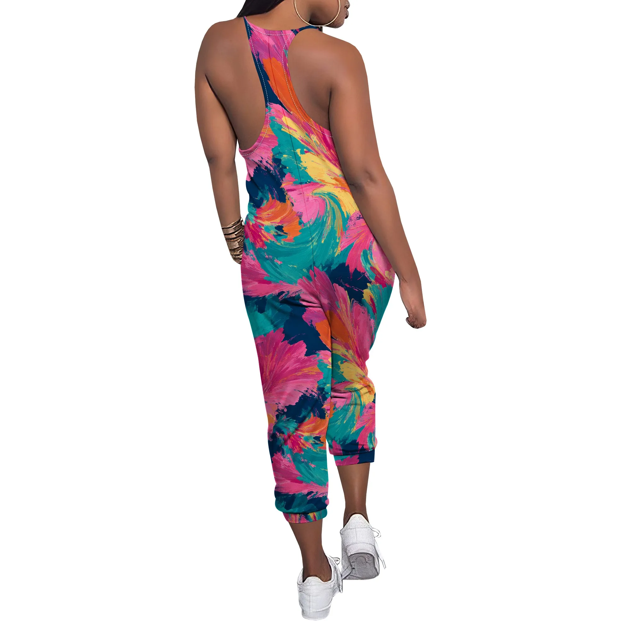 2025 Plus Size Bohemian Summer Fashion Women Overalls Sexy Backless Suspender Bodysuit Travel Floral Print Jumpsuit
