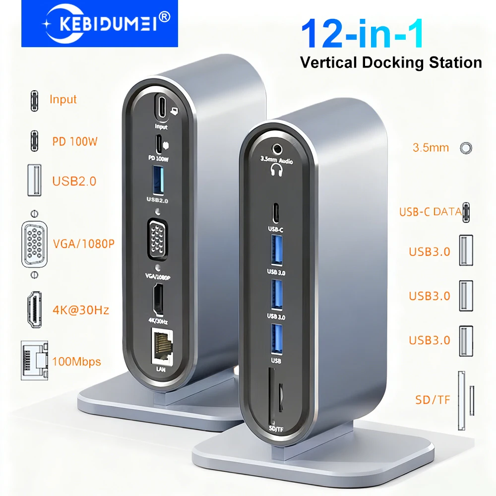 

Вертикальная док-станция 12-в-1, док-станция USB C, концентратор TYPE C, USB-разветвитель HDMI 4K/LAN 100M/USB3.0, 5 Гбит/с/VGA 1080P/PD100W