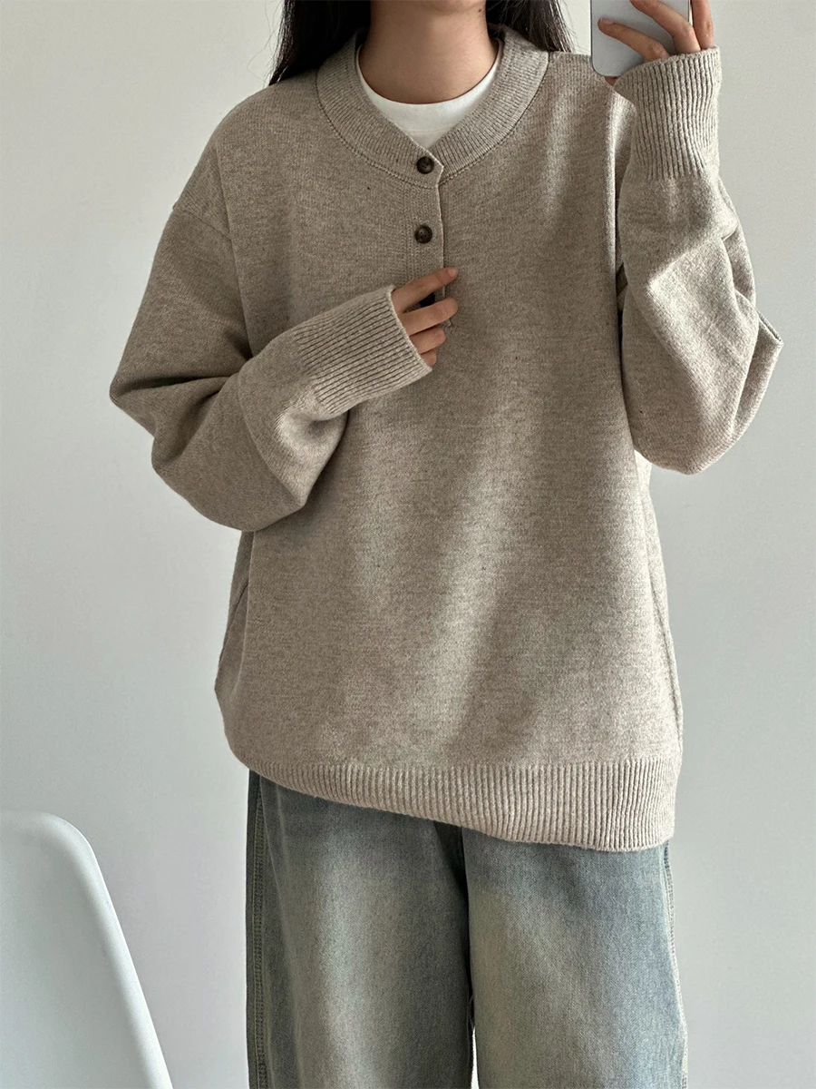 

Loose Wool Knitted f Open Collar Sweater Overhead Basic Sle ex Autumn Winter ay Khaki Color Commute Sle