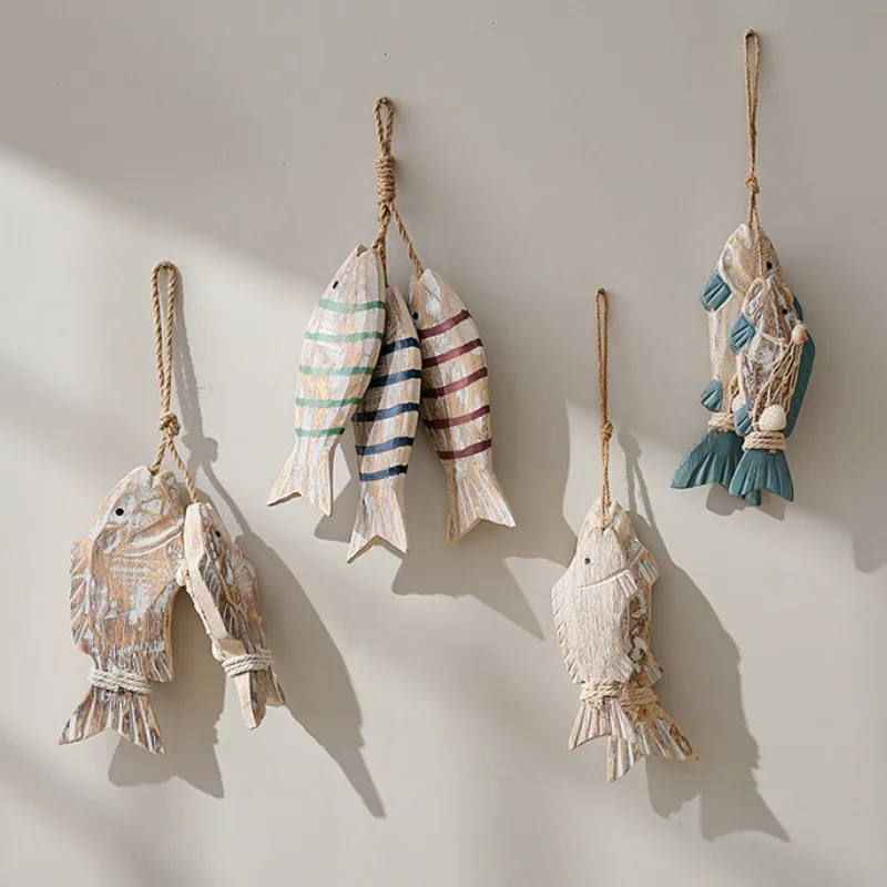 2pcs or 3pcs Set Rustic Wooden Fish Wall Hanging Vintage Mediterranean Style Artistic Nautical Decor General Fit No Electricity