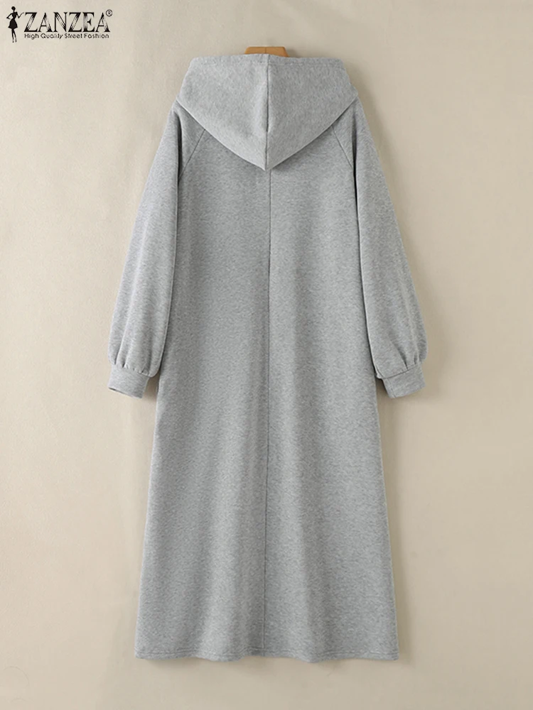 ZANZEA Women Hooded Hoodies Dress Loose Casual Long Sleeve Autumn 2024 Korean Style Long Vestidos Solid Color Sweatshirt Dress