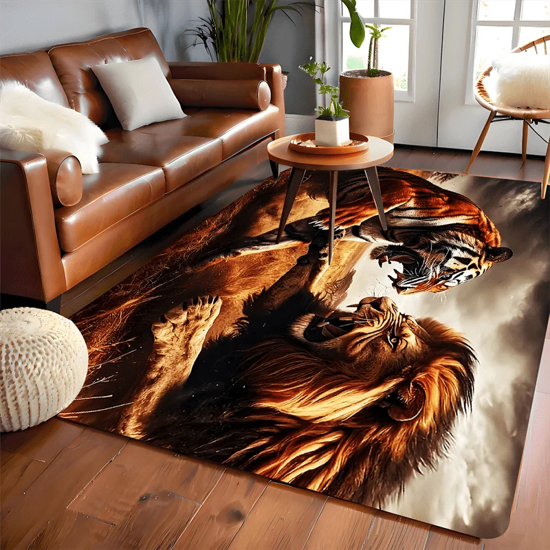 1pc 2D Flat Rectangular Floor Mat, Lion And Tiger Struggle Printed Rug, Home Decor, Suitable for Living Room, Bedroom, Bathroom