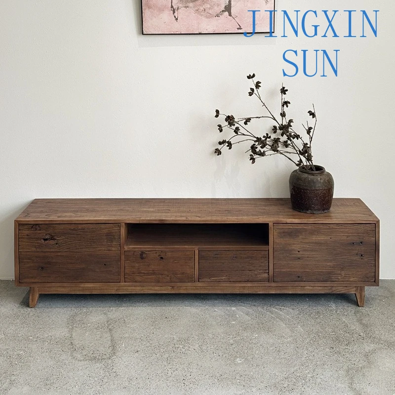 All Solid Wood TV Cabinet for B&B Elm Floor-to-Ceiling Home Simple Low Storage Locker Living Room Furniture TV Stand Console