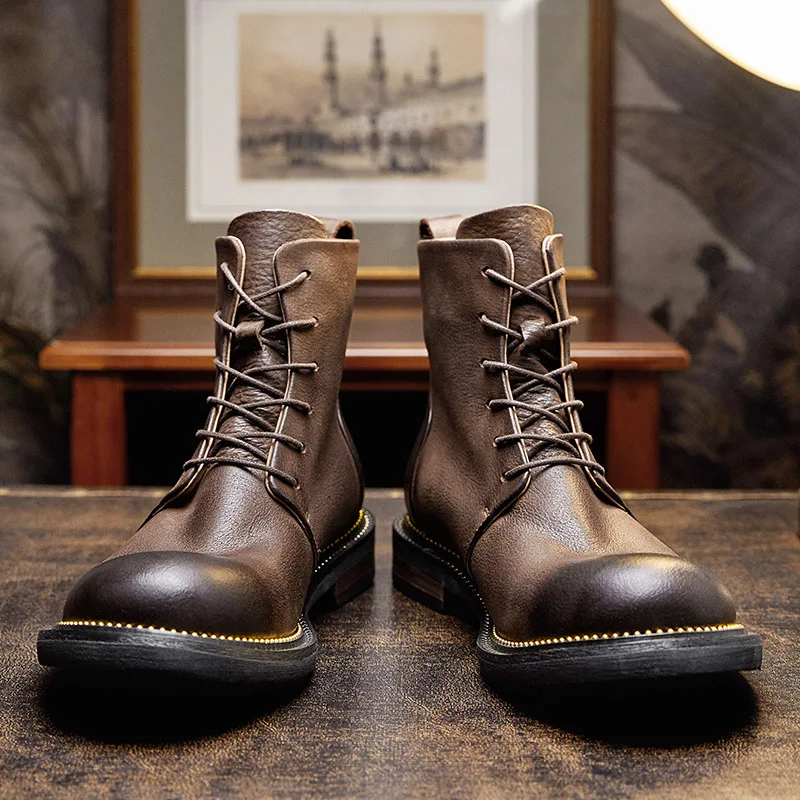 Premium Fleece Lined Mid-Calf Boots, British Vintage Handcrafted Motorcycle Boots, Genuine Leather Round Toe Winter Footwear
