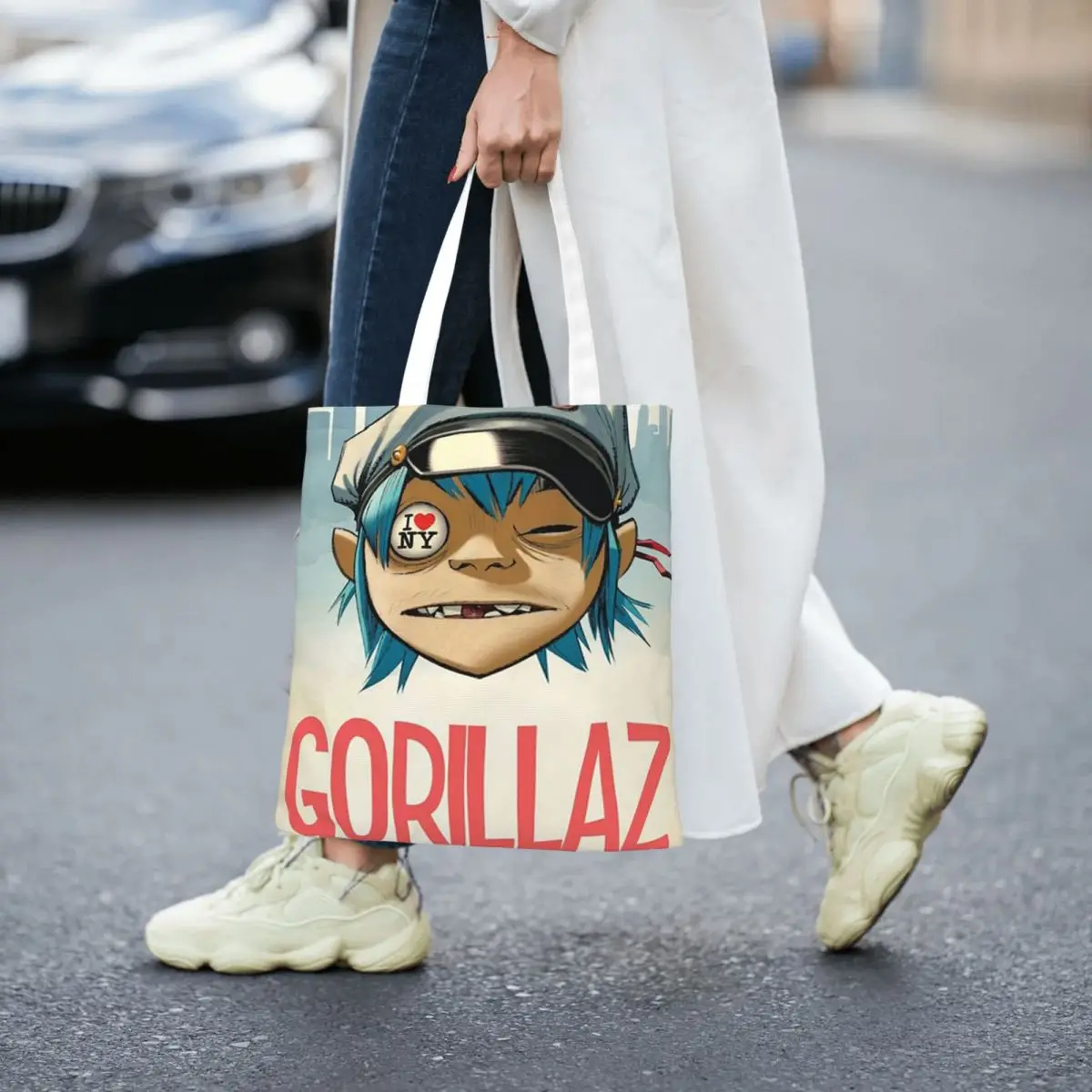 กระเป๋าช้อปปิ้งวงดนตรีกอริลาซ กระเป๋าผ้าแคนวาส กระเป๋าโท้ทแบบใช้ซ้ำได้สำหรับสาวๆ กระเป๋าสะพายไหล่ กระเป๋าเดินทาง