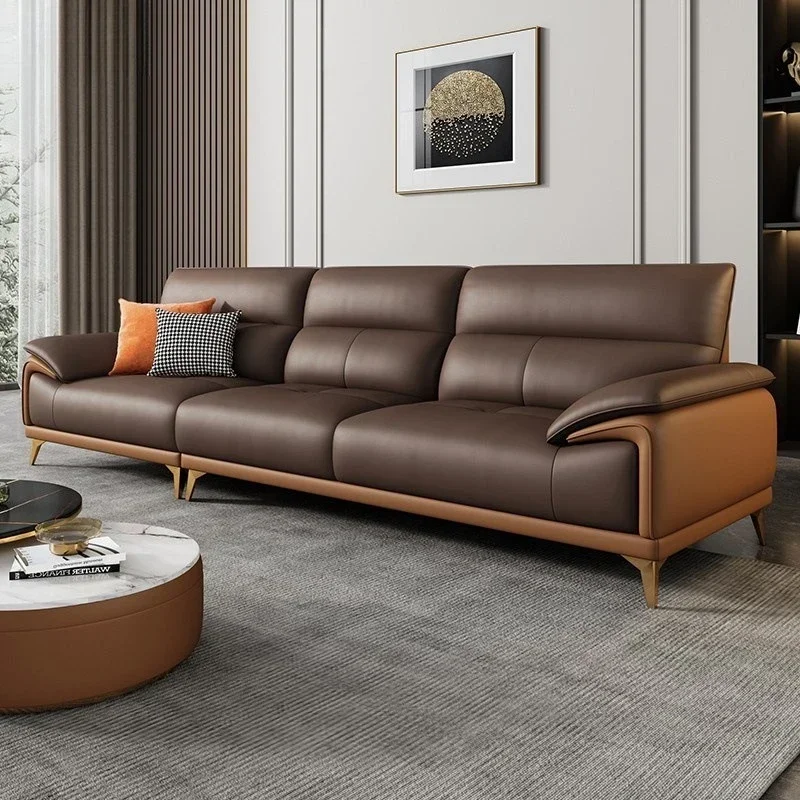 Simple light luxury straight row medium and small apartment Italian minimalist all leather color matching sofa