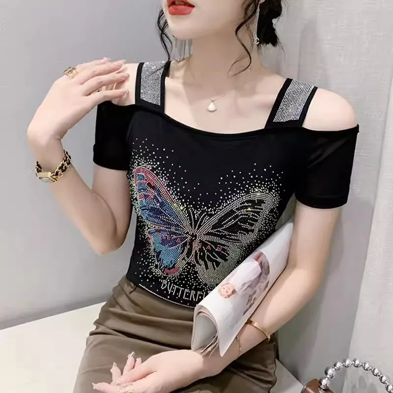 Trendy Sexy Chic One line Neck Women's Fashion Hot Diamond T-shirt 2026 New Temperament Mesh Off Shoulder Slim Tees Top Summer