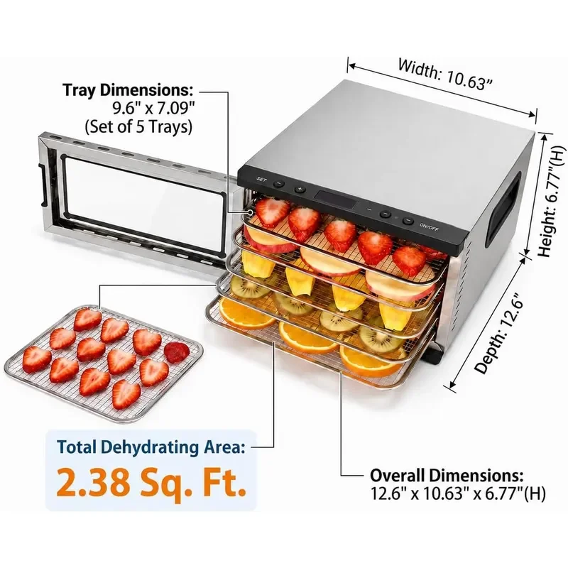 Food Dehydrator Machine 5 Stainless Steel Trays Digital Adjustable Timer 400W 176F Temperature Control Mini Dryer for Jerky
