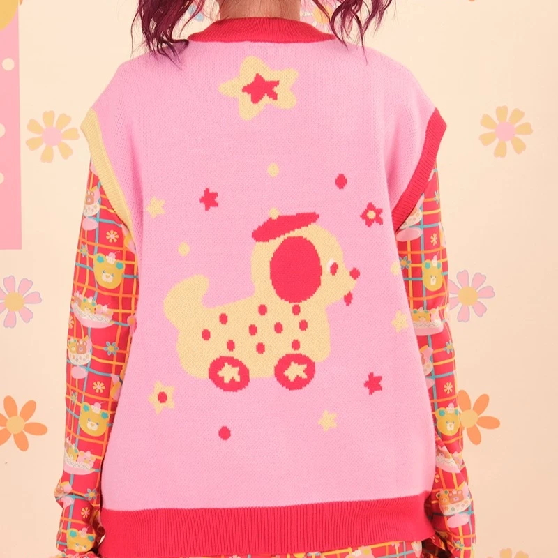 Autumn New Floral Knitted Women's Clothing Japanese Original Design Cute Animal Print Versatile Sleeveless Sweater Vest Ladies