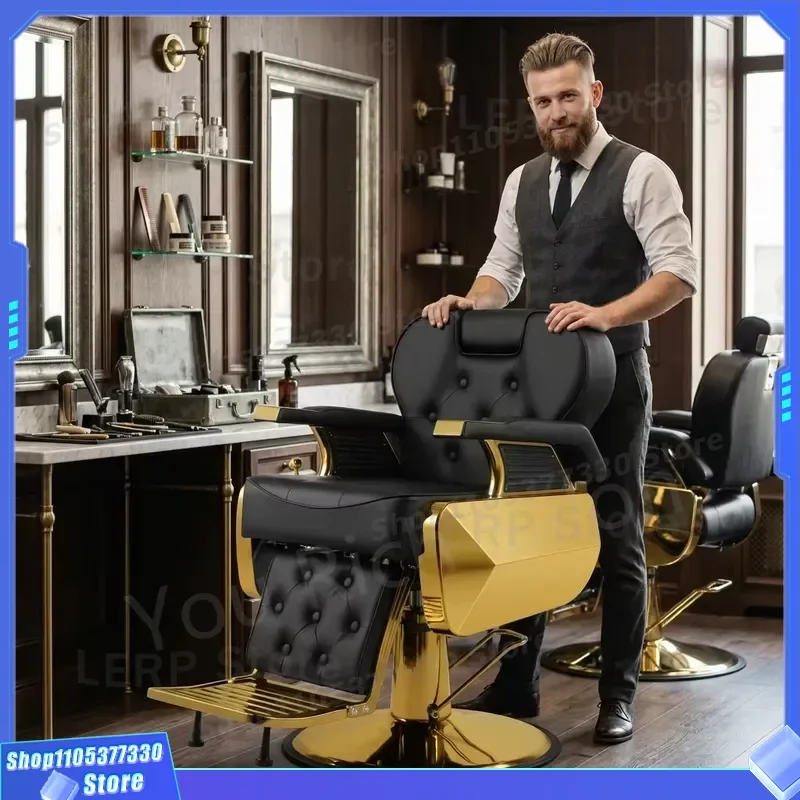 Heavy Duty Black Gold Barber Chair Hydraulic Recliner Premium Tufted Salon Seat for Hairdresser Shop Styling