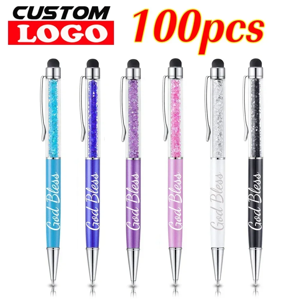 

100Pcs/Lot 21 Colors 2 In 1 Metal Roller Ballpoint Pen Crystal Diamond Screen Capacitive Touch Stylus Universal Free Custom Logo