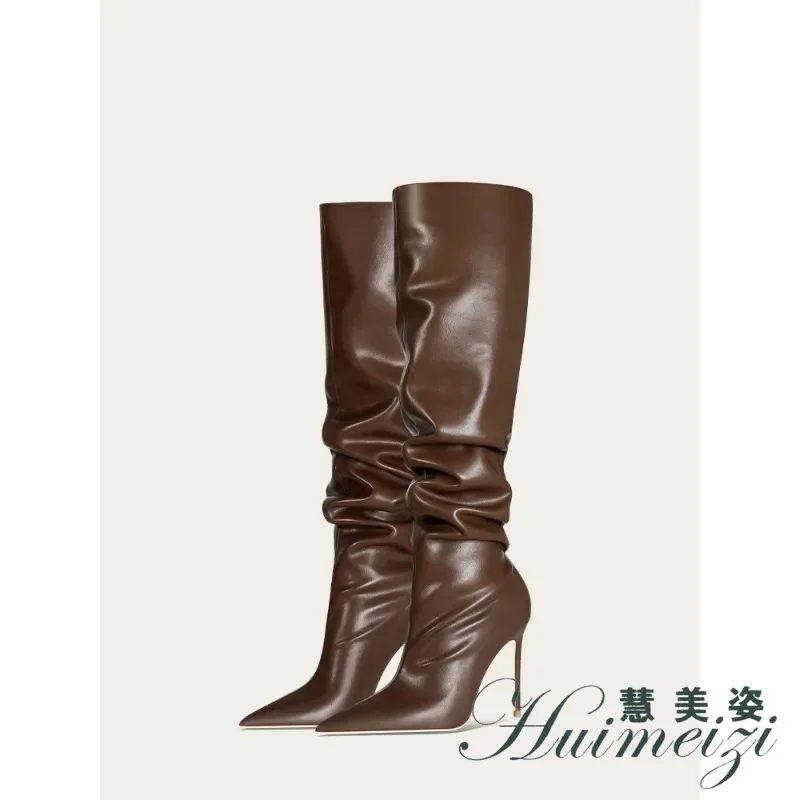 HMZ 2027 Women Stacked Knee High Boots Coffee Brown Leather Pointed Toe Heeled Boots