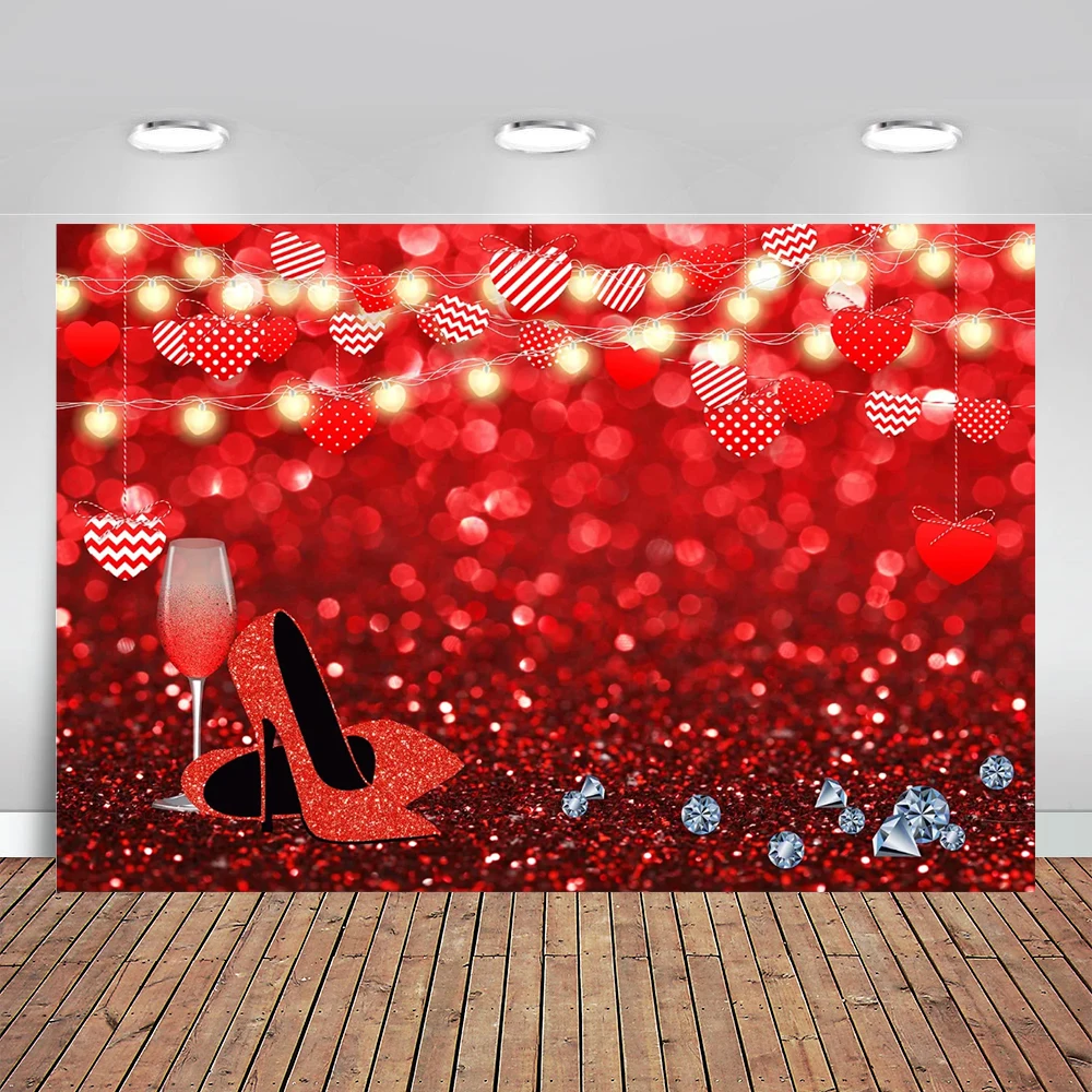 Valentine's Day Backdrop High Heels Diamond Red Glitter Photo Backdrop Sweethearts Romantic Photography Background Bridal