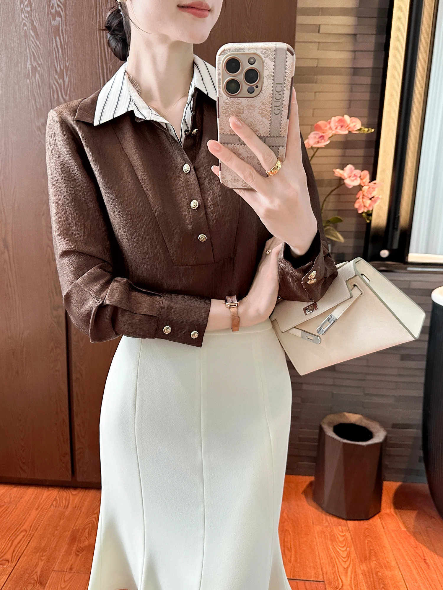 

Стильная женская рубашка с длинным рукавом и цветовыми блоками, на пуговицах, для повседневной носки, качество класса А, производство Китай, цветная