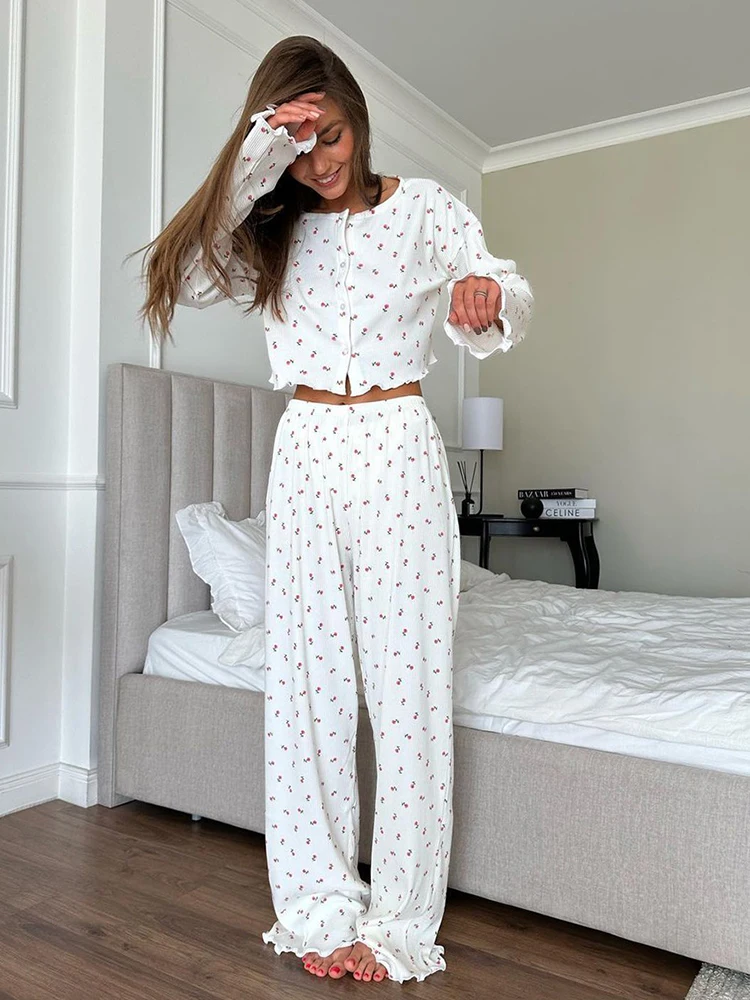 

HiLoc Elegant White Ribbed Print Pants Sets Pajamas Women Knitted O-Neck Loose Tops Autumn Elastic Long Pants Sleepwears Vintage