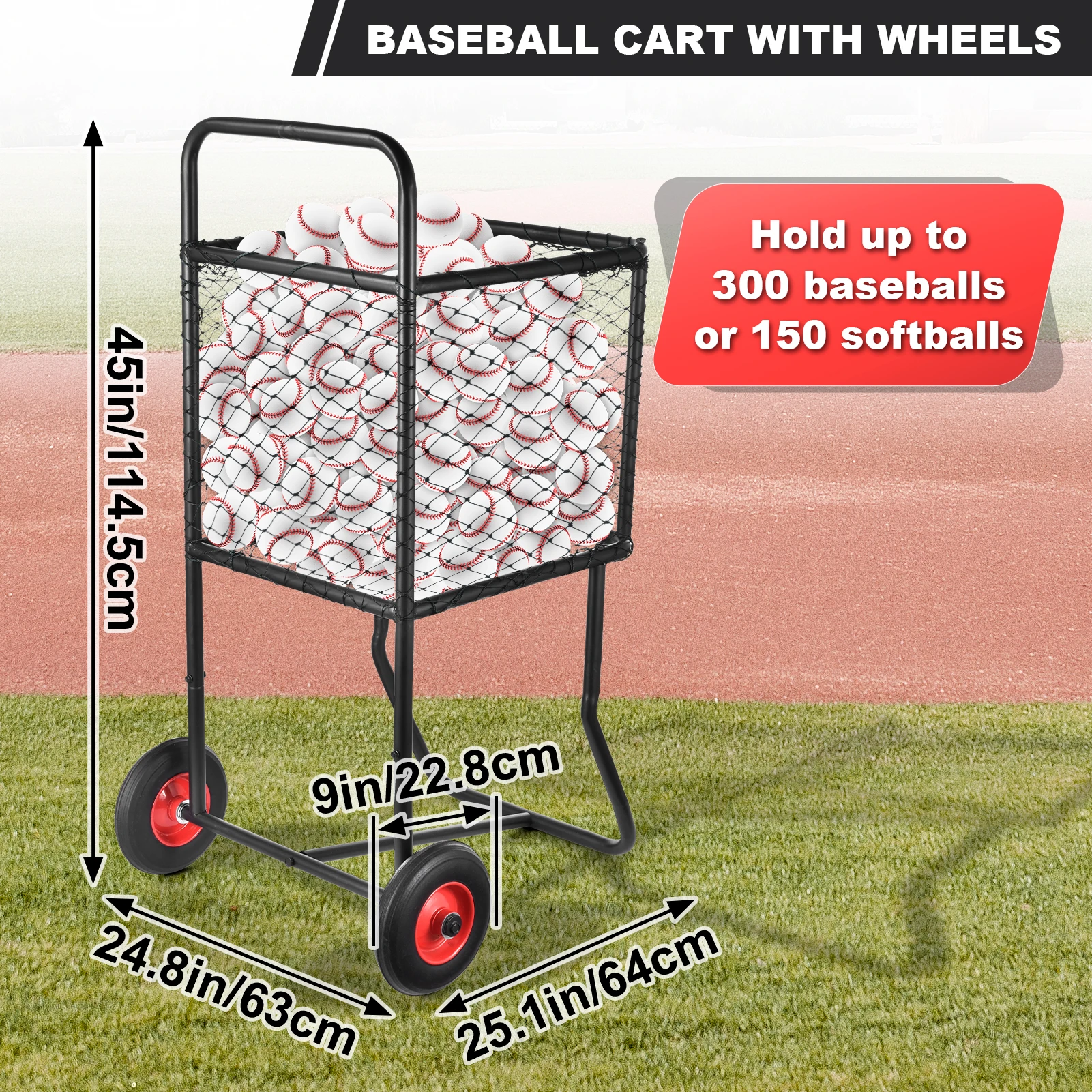 Baseball Softball Cart with Wheels, Large Capacity Rolling Ball Storage Rack Holds 300 Baseballs 200 Softballs, Sports Equipment Organizer for Gym School Club Coach, Pro Durable Ball Locker for Easy Field Transport