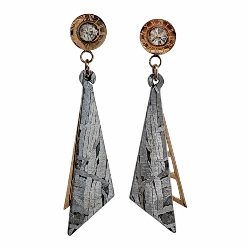 Muonionalusta Iron Meteorite Drop Earrings Geometric Multi‑Metal Splicing Widmanstätten Pattern Women Cosmic Jewelry