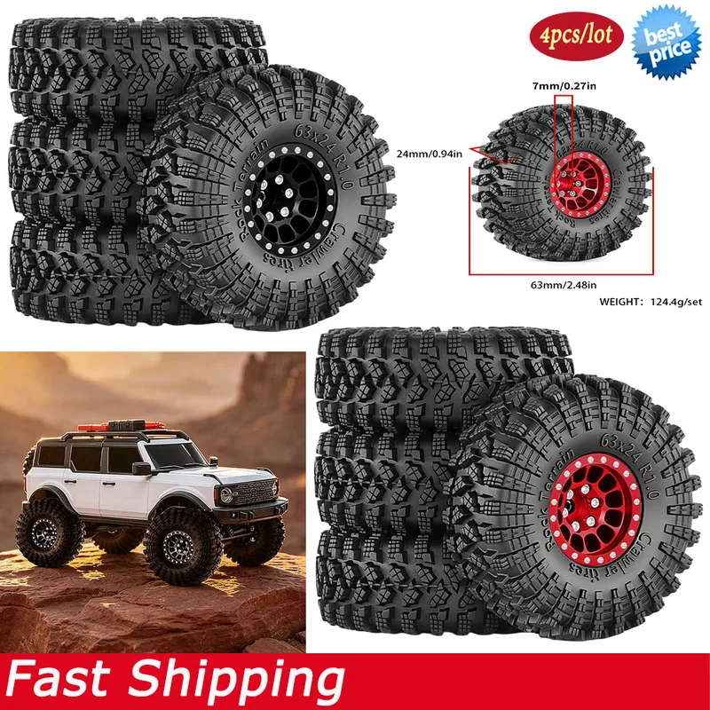 1.0 inch Metal Beadlock Wheel Rim Rubber Tire Set 63*24mm for  1/24 Axial SCX24 AX24 FCX24 1/18 TRX4M SCX24 FMS Ascent-18