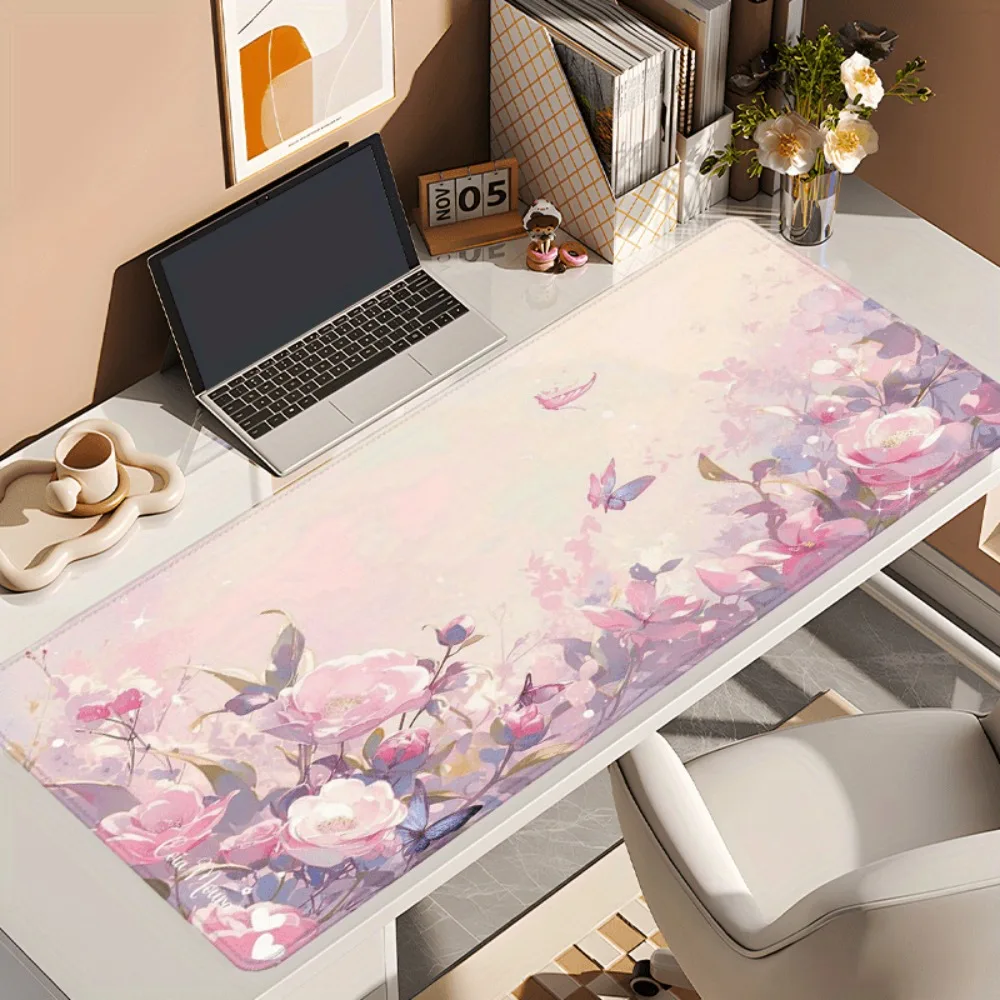Flower Butterfly Extended Mouse Pad Romantic Floral Design, Office Laptop Desk Mats, Non-slip Rubber Home Table Mat