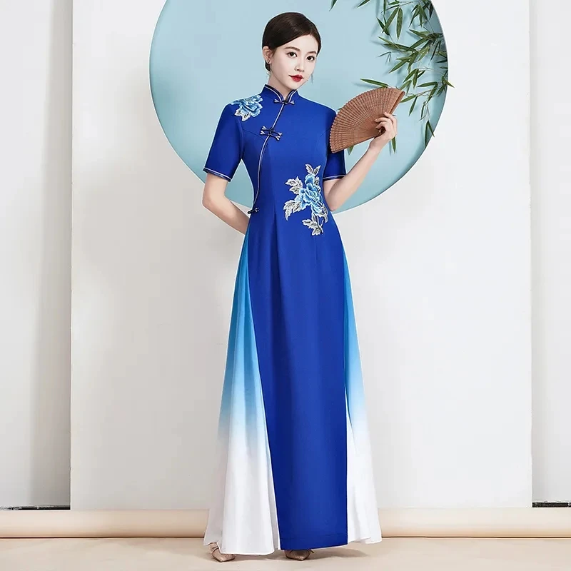 

2024 Ao Dai Cheongsam Folk Style Vietnam Chiffon Aodai Elegant Women Flower Embroidery Traditional Dress Oriental Qipao Dress