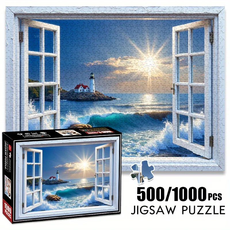 Puzzle en papier 500/1000 pièces, vue de fenêtre de phare de coucher de soleil de rêve, grand jeu familial interactif, résistant aux rayures, idée